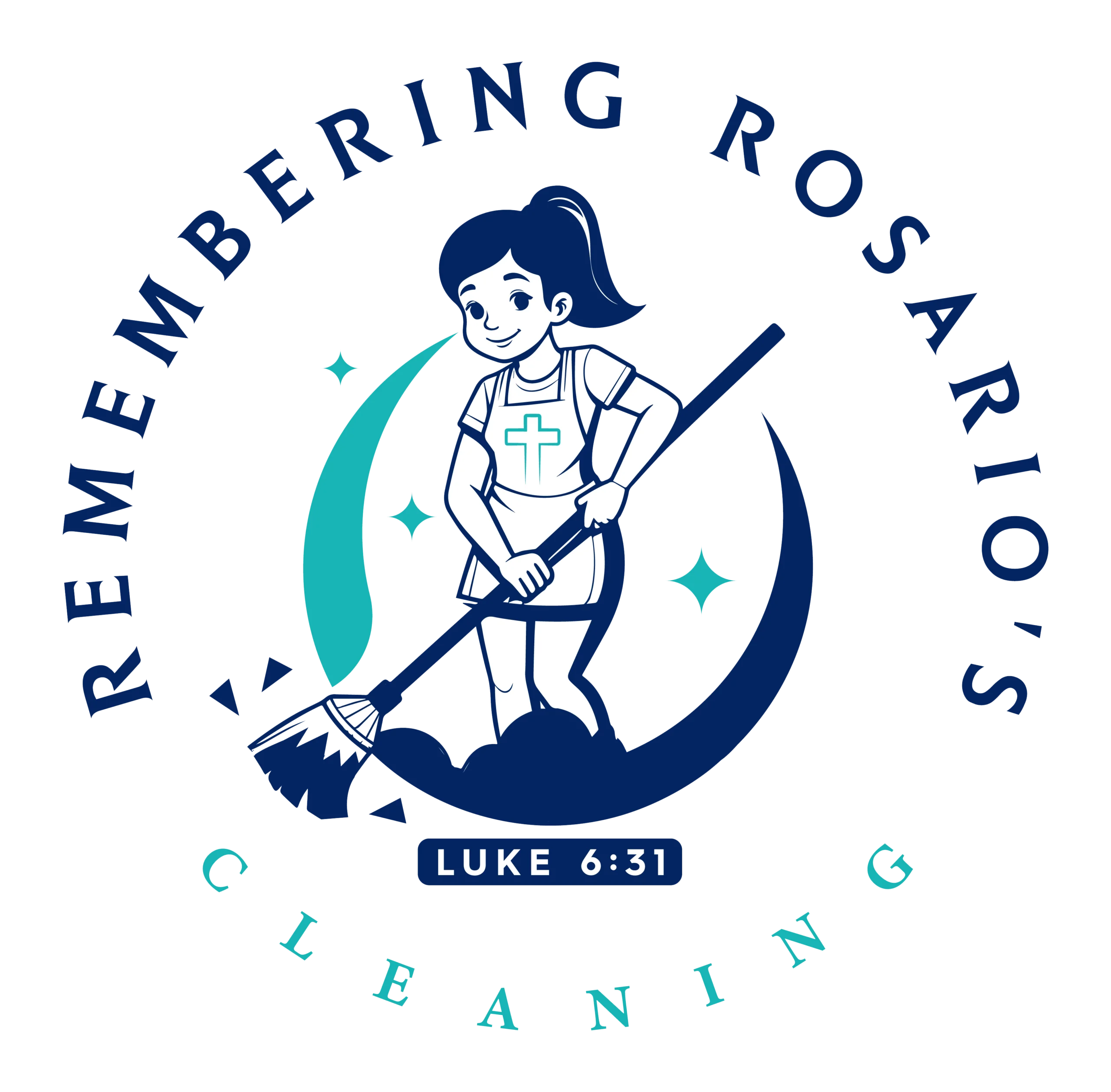 Remembering Rosario's new logo navy blue and teal girl holding a broom